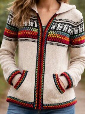 Boho-chic Folksy Whimsy Colorful Alpaca Blend Knitted Zip Up Hooded Sweater S